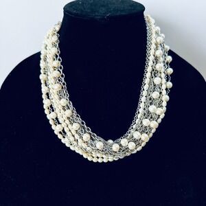 Vintage Multi Strand Pearl & Silver Chain Necklace Layered Statement Bib Toggle